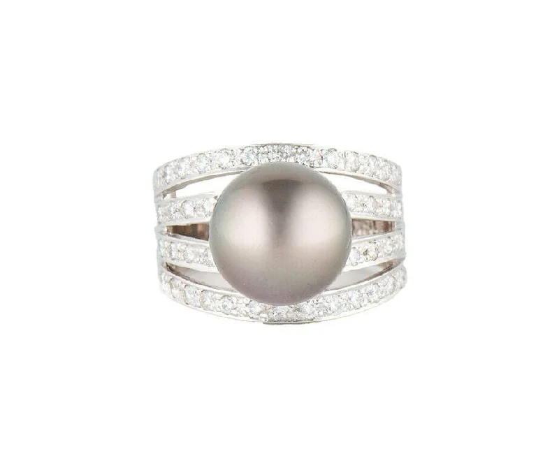 Ladies Etched Name Rings -Ladies Rings Wide Glow-12.0MM Gray South Sea Pearl and 0.50ctw Diamond Multi Row Ring in 18K