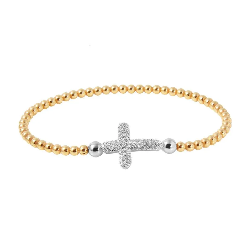 Ladies Bracelets Trendy Shine-Ladies Interlinked Bracelets -Clearance-Silver 925 Gold Plated Beaded Italian Bracelet with CZ Encrusted Cross - ITB00196GP-RH