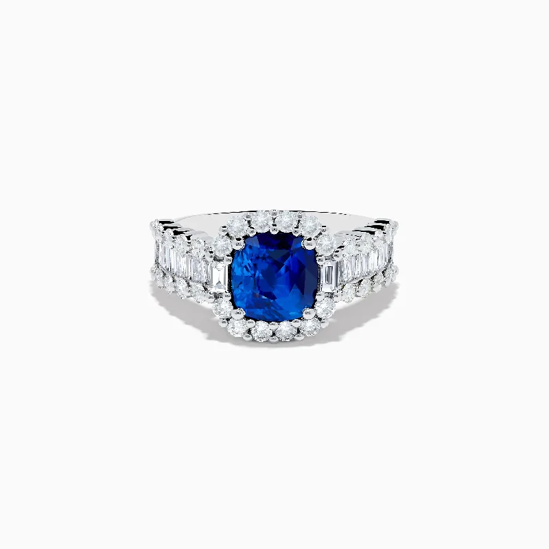 Ladies Retro Charm Rings -Ladies Rings Timeless Spark-18K White Gold GIA Certified Cushion Cut Blue Sapphire and Diamond Ring