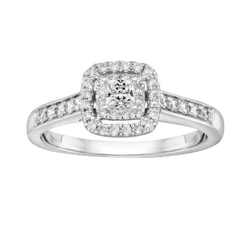 Ladies Deco Glam Rings -Ladies Rings for Sister Glow-14K White gold  .16CT Princess Shaped Diamond Halo Ring with 42 round 0.22cttw diamonds BLISS2-E-Size 6.5