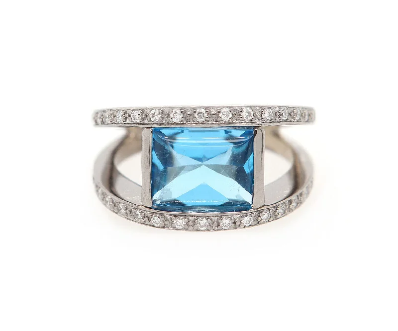 Ladies Crimson Red Rings -Ladies Rings Multi Spark-0.25ctw Diamond and Blue Topaz Bezel Set Ring in 14K