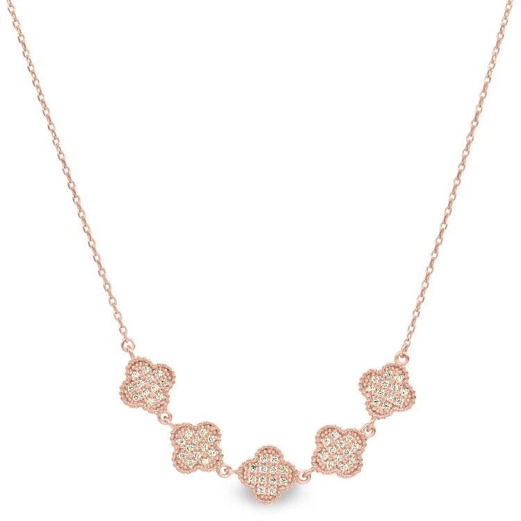 Ladies Necklaces for Bestie Shine-Ladies Silky Smooth Necklaces -Rose Gold Finish Sterling Silver Micropave Five Clover Necklace with Simulated Diamonds on 16"-18" Adjustable Chain