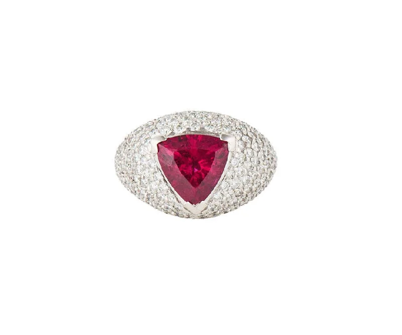 Ladies Radiant Beam Rings -Ladies Rings with Compass Glow-3.34ct Trillion Cut Pink Tourmaline and 3.50ctw Pave Diamond Dome Ring in 18K