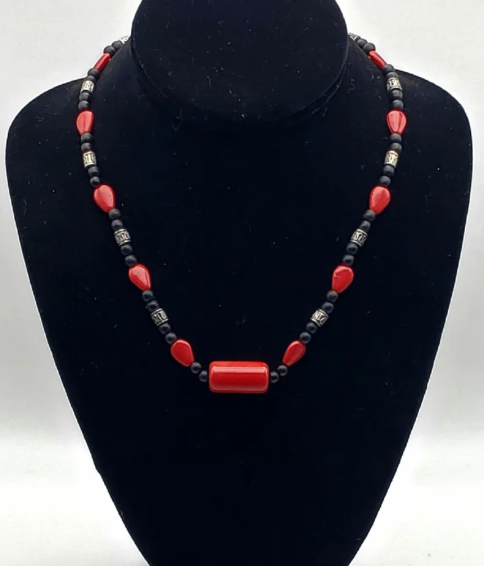 Ladies Necklaces Flex Shine-Ladies Swarovski Sparkle Necklaces -Vintage Red Glass, Black Wood, and Silver Tone Metal Bead Necklace - 18.25"