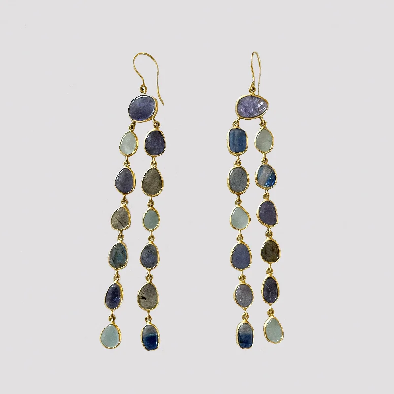 Ladies Petite Drop Earrings -Ladies Earrings Dark Shine-Tanzanite, Aquamarine and Labradorite Long Drop Earrings