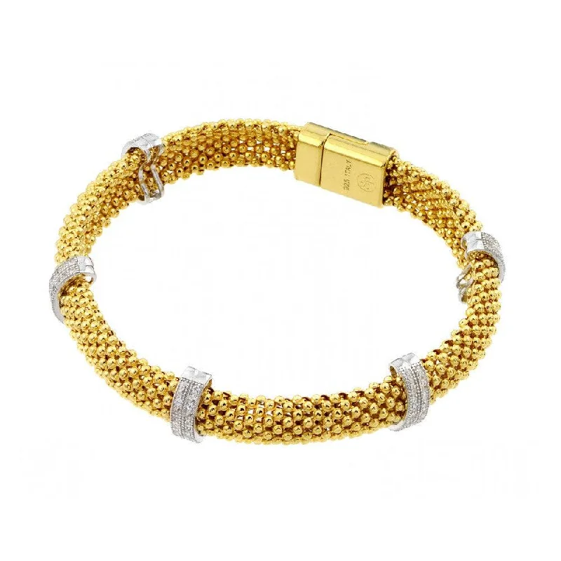 Ladies Bracelets Retro Glow-Ladies Curled Twist Bracelets -Clearance-Silver 925 Gold Plated Micro Pave Clear CZ Beaded Italian Bracelet - PSB000017GP