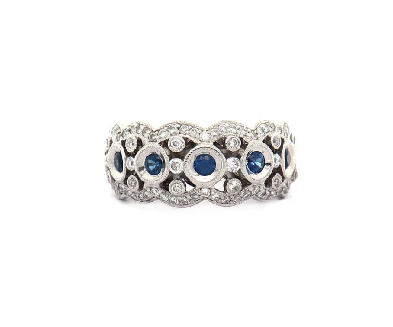 Ladies Halo Spark Rings -Ladies Rings with Cream Howlite-0.32ctw Bezel Set Sapphire and 0.50ctw Diamond Wave Band Ring in 18K