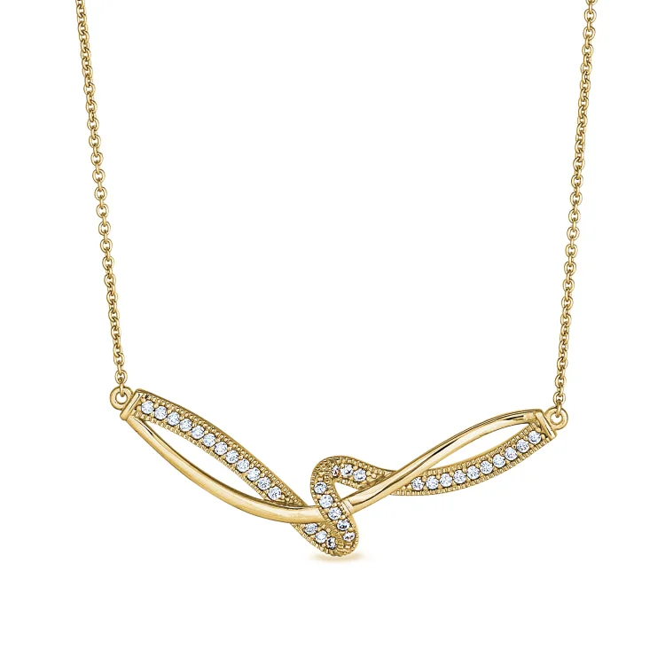 Ladies Necklaces for Pioneer Shine-Ladies Sunlit Charm Necklaces -Gold Finish Sterling Silver Micropave Ribbon Swirll Necklace with Simulated Diamonds on 16" - 18" Adjustable Chain