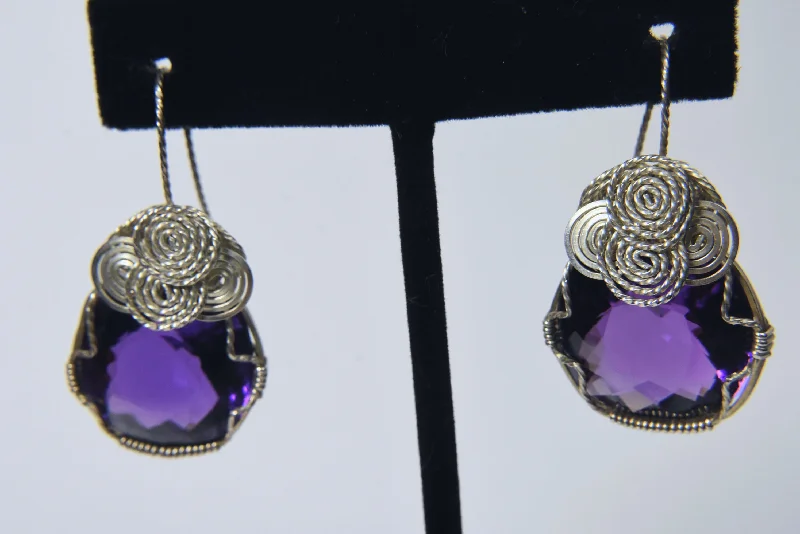 Ladies Glazed Ceramic Earrings -Ladies Earrings Pearl Shine-Wire Wrapped Large Amethyst Earrings