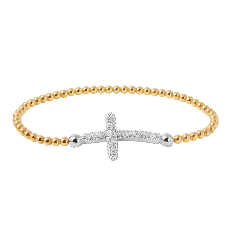 Ladies Bracelets Sterling Glow-Ladies Smooth Bangle Bracelets -Clearance-Silver 925 Gold Plated Beaded Italian Bracelet with CZ Encrusted Cross - ITB00195GP-RH