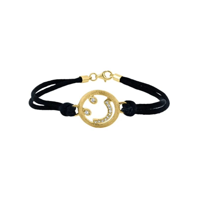 Ladies Bracelets with Green Emerald-Ladies Jade Harmony Bracelets -Clearance-Silver 925 Gold Plated Happy Face Clear CZ Black Cord Bracelet - STB00432