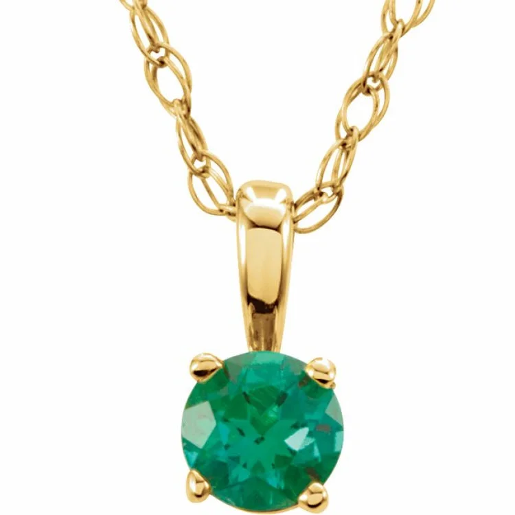 Ladies Necklaces for Niece Spark-Ladies Glossy Shine Necklaces -14K Yellow 3 mm Imitation Emerald Youth Solitaire 14" Necklace