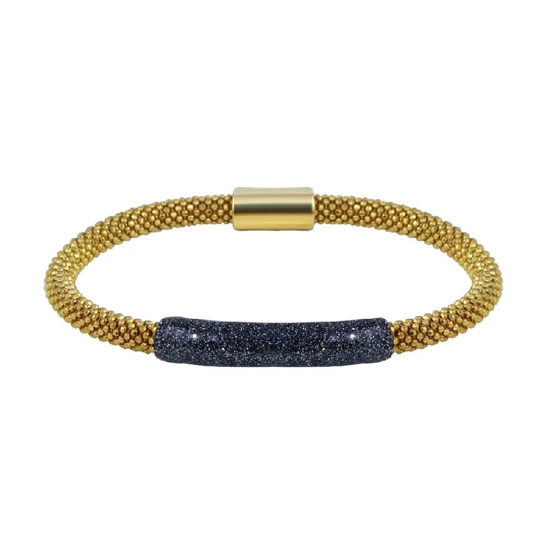 Ladies Bracelets with Gold Milarite-Ladies Hushed Tone Bracelets -Clearance-Gold Plated 925 Sterling Silver Black Bar Glitter Magnetic Bracelet - SPB00002