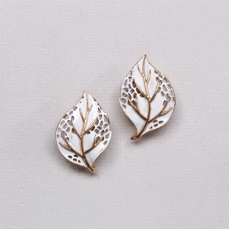 Ladies Coin Edge Earrings -Ladies Earrings with Cloud Shine-Vintage Trifari Cut-out Leaf Clip-on Earrings