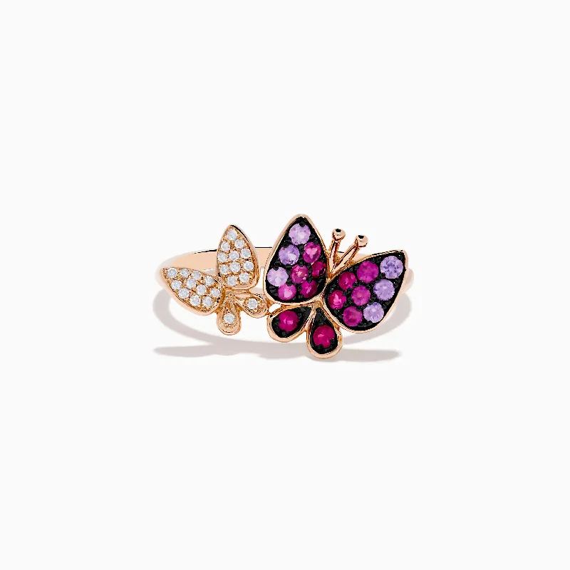 Ladies Winged Bird Rings -Ladies Rings with Blush Rhodochrosite-Nature 14K Rose Gold Pink Sapphire and Diamond Butterfly Ring