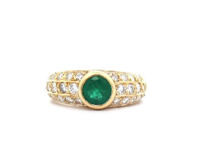 Ladies Fresh Spring Rings -Ladies Rings Light Shine-0.60ct Emerald and 0.65ctw Diamond Triple Row Ring in 18K