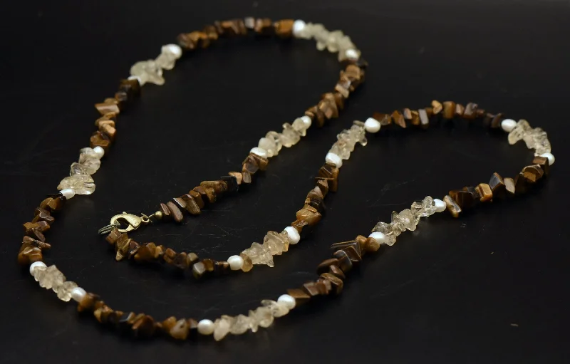 Ladies Necklaces for Leader Glow-Ladies Vivid Color Necklaces -Vintage Tiger's Eye, Quartz, and Cultured Pearl Beaded Necklace - 36"