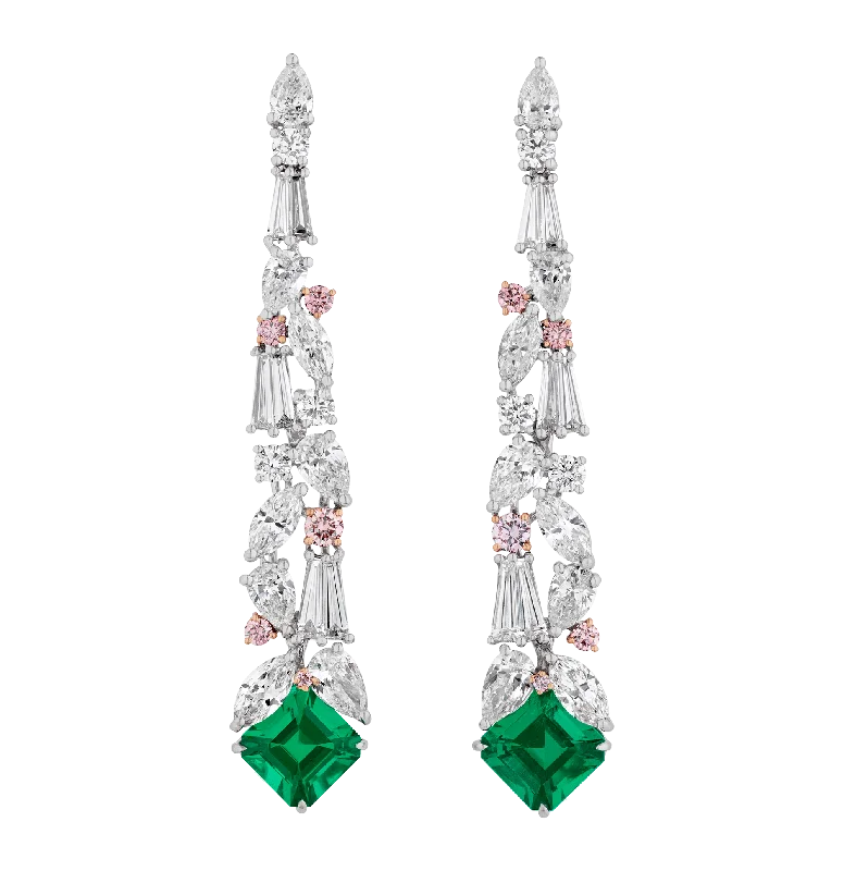 Ladies Casual Day Earrings -Ladies Earrings with Black Onyx-Muzo Emerald and Argyle Diamond "Ivy" Dangle Earrings