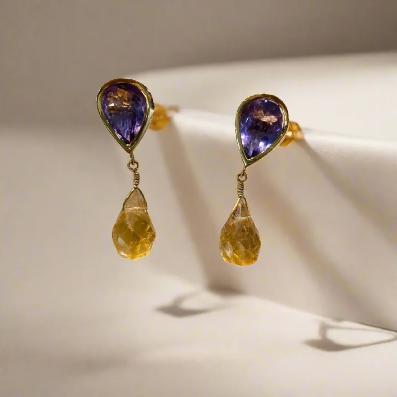 Ladies Petal Crown Earrings -Ladies Earrings with Purple Stichtite-Amethyst & Citrine 18k gold earrings, one of a kind, Fine earrings, Handmade earrings, Greek Jewelry