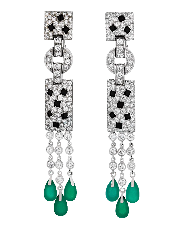 Ladies Petal Soft Earrings -Ladies Earrings with Lilac Iolite-Cartier Panthère Diamond, Onyx and Emerald Drop Earrings