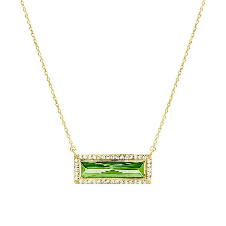 Ladies Necklaces with Navy Sodalite-Ladies Nature Motif Necklaces -Gold Finish Sterling Silver Necklace with Rectangular Simulated Peridot Stone and Simulated Diamonds on 16" - 18" Chain