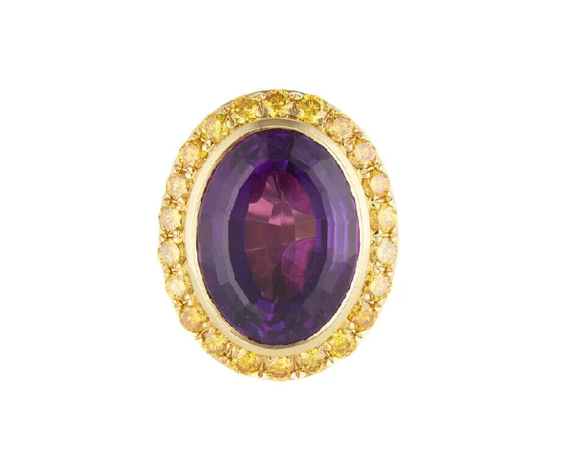 Ladies Heartfelt Sentiment Rings -Ladies Rings with Pink Eudialyte-15.0ct Oval Amethyst and 2.30ctw Yellow Diamond Frame Ring in 18K