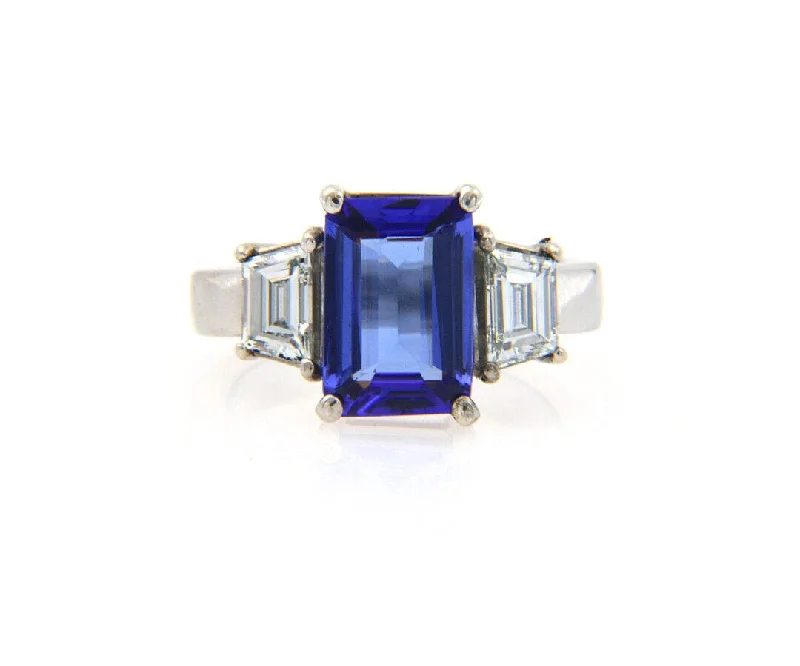 Ladies Opal Inlay Rings -Ladies Rings with Violet Amethyst-3.20ct Emerald Cut Tanzanite and 1.50ctw Trapezoid Diamond Ring in 14K