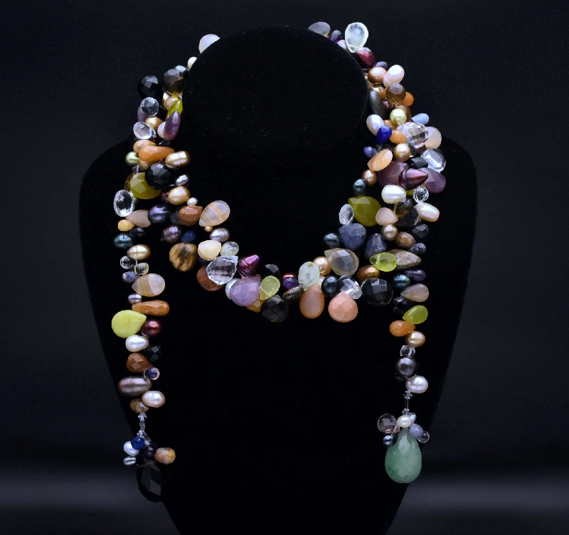 Ladies Necklaces with Grey Lawsonite-Ladies Playful Spirit Necklaces -Gemstone Collection Drape Beaded Necklace - 52"