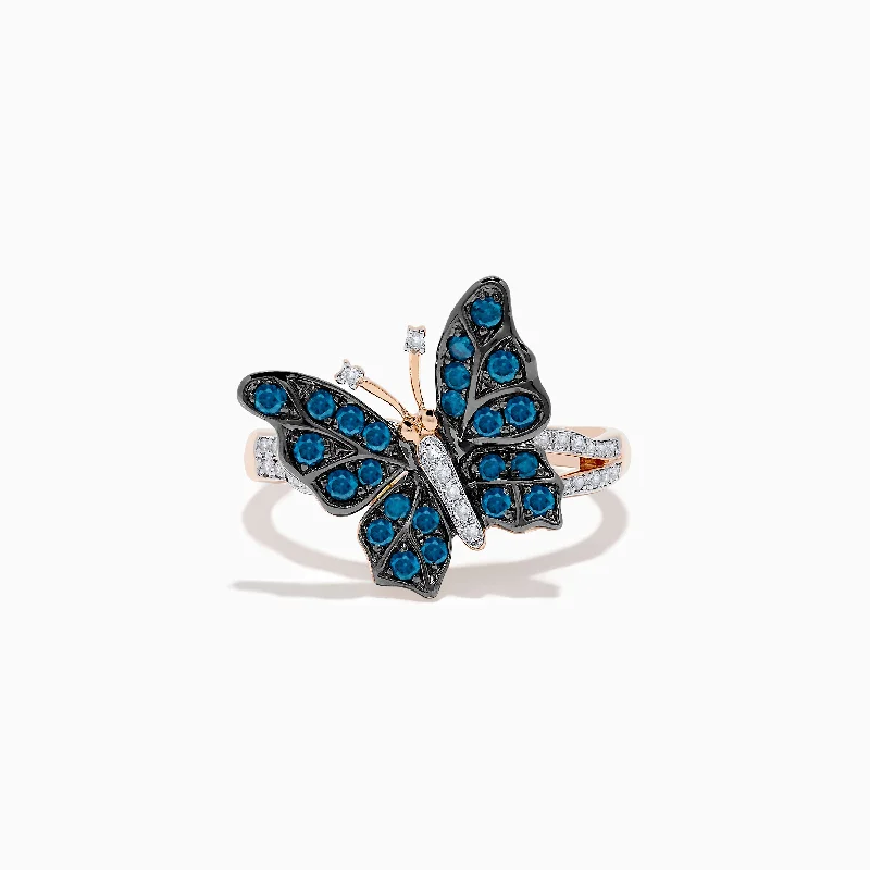 Ladies Blush Pink Rings -Ladies Rings with Clear Zircon-Bella Bleu 14K Rose Gold White and Blue Diamond Butterfly Ring