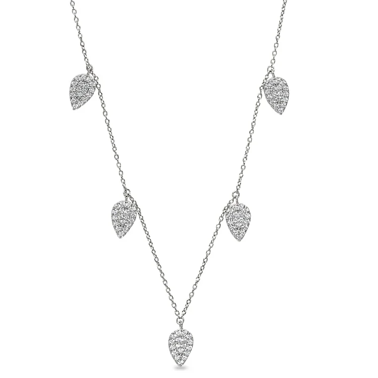 Ladies Necklaces with Spiral Glow-Ladies Uplifting Necklaces -Platinum Finish Sterling Silver Micropave 5 Floating Leaves Necklace with Simulated Diamonds on 16"-18" Adjustable Chain