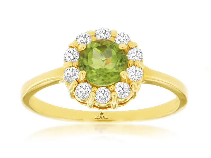 Ladies Lavender Purple Rings -Ladies Rings Twist Shine-Yellow Gold Round Peridot with Diamond Halo Ring