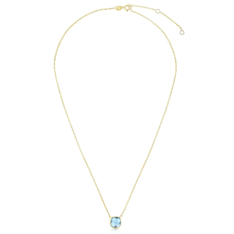 Ladies Necklaces for Love Spark-Ladies Eastern Charm Necklaces -14K Gold Blue Topaz Cushion Solitiare Necklace