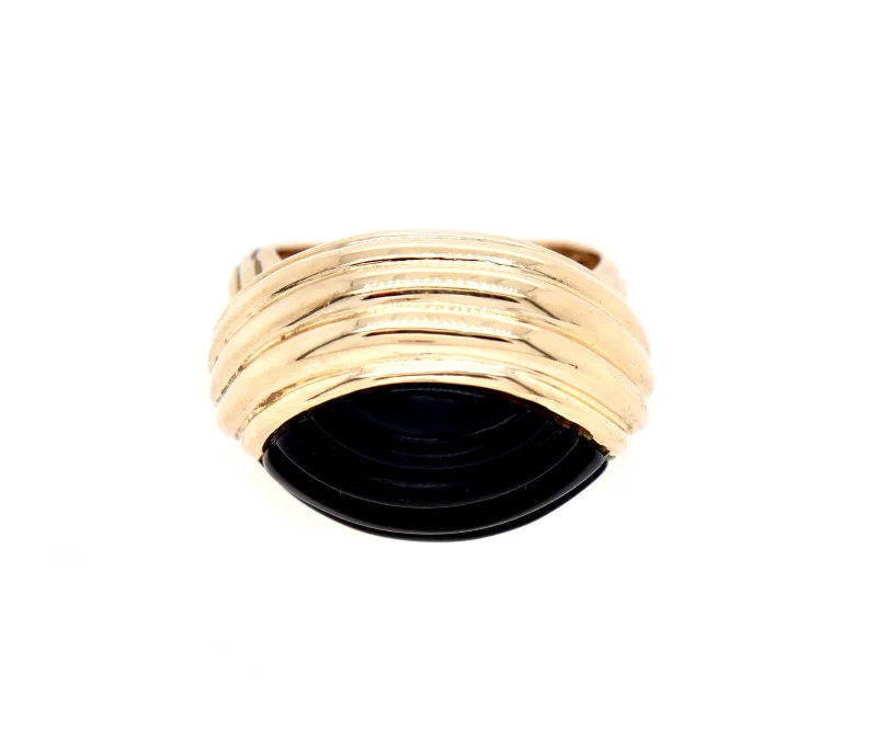 Ladies Forever Wear Rings -Ladies Rings with Pink Petalite-Carved Black Onyx Wave Style Ring in 14K