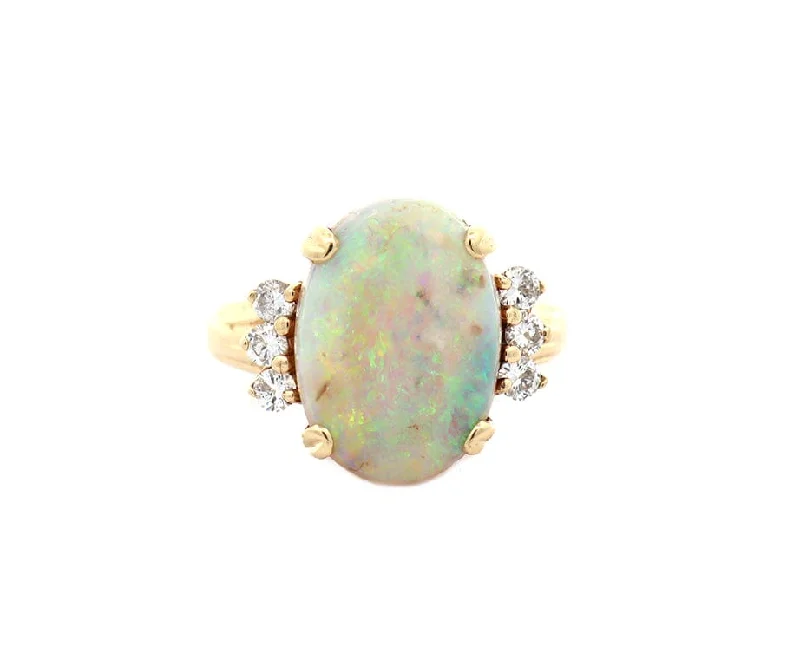 Ladies Opulent Luxe Rings -Ladies Rings Dual Glow-2.75ct Oval Opal and 0.18ctw Diamond Ring in 14K