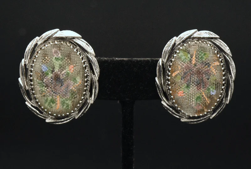 Ladies Durable Steel Earrings -Ladies Earrings Luxe Shine-Whiting & Davis - Vintage Embroidery Style Floral Clip On Earrings