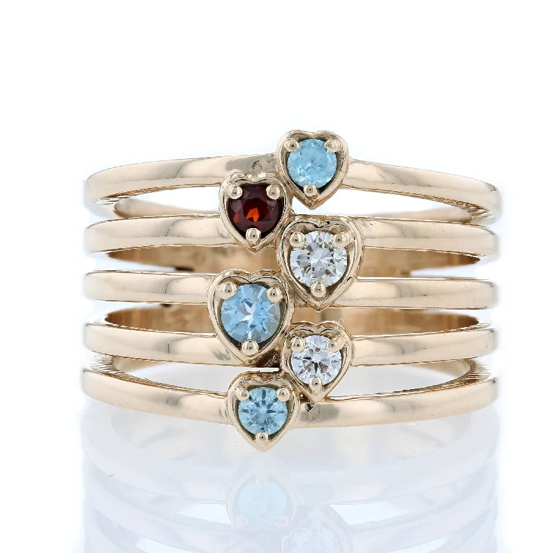 Ladies Claddagh Knot Rings -Ladies Rings with Cyan Richterite-Yellow Gold Multirow Heart Mother's Family Ring