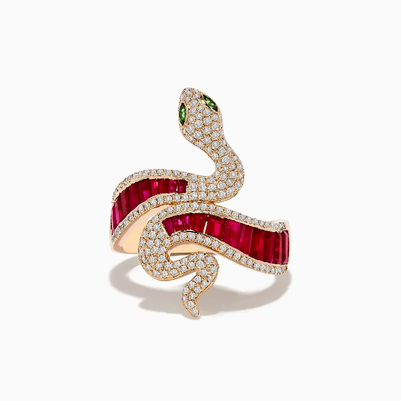 Ladies Moonstone Light Rings -Ladies Rings for Work Glow-Safari 14K Rose Gold Ruby Diamond and Tsavorite Snake Ring