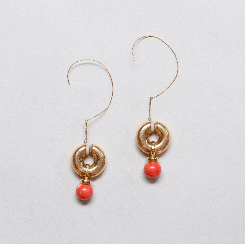 Ladies Striking Statement Earrings -Ladies Earrings Cool Shapes-AN UNUSUAL PAIR OF 18ct Gold Clip Hoop Earrings with Coral