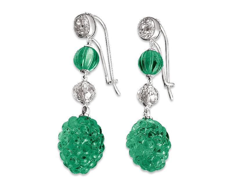 Ladies Compass Guide Earrings -Ladies Earrings with Flame Glow-Carved Colombian Emerald & Diamond Earrings, 19.17 Carats