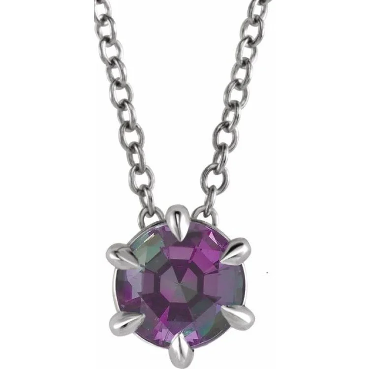 Ladies Necklaces Budget Glow-Ladies Valentine’s Love Necklaces -Sterling Silver 6 mm Lab-Grown Alexandrite Solitaire 16-18" Necklace