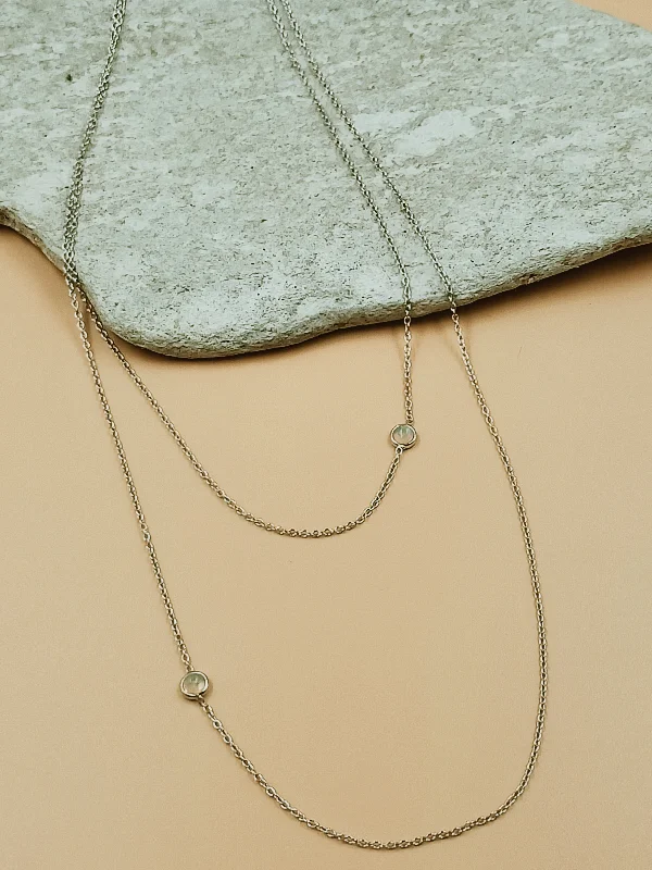 Ladies Necklaces with Warm Opal-Ladies Lariat Style Necklaces -Odxel Opal Bezel Layered Dual Necklace in Silver Tone