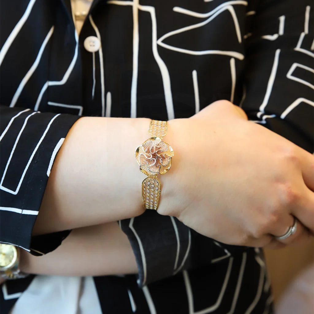 Ladies Bracelets with Pure Okenite-Ladies Fun Twist Bracelets -Gold Rose Bangle 21KT - FKJBNG21KM8192