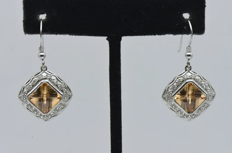 Ladies Lively Hue Earrings -Ladies Earrings for Leader Shine-Vintage Sterling Silver Yellow and Colorless Cubic Zirconia Dangle Earrings