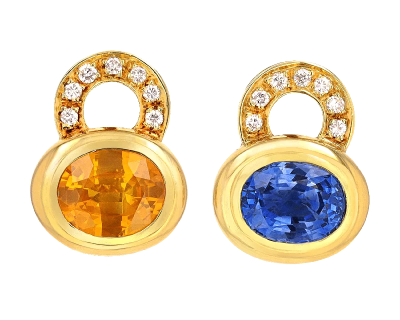 Ladies Glass Shine Earrings -Ladies Earrings with Amber Scapolite-Blue and Yellow Sapphire Earrings, 8.00 Carats