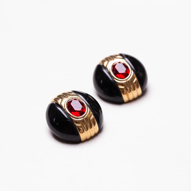 Ladies Galactic Shine Earrings -Ladies Earrings with Crimson Zincite-Vintage Givenchy Black Enamel and Red Stone Earrings