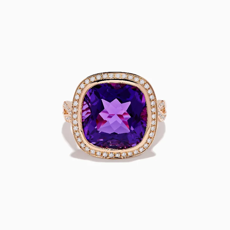 Ladies Nostalgic Retro Rings -Ladies Rings Wave Shine-14K Rose Gold Amethyst and Diamond Cocktail Ring