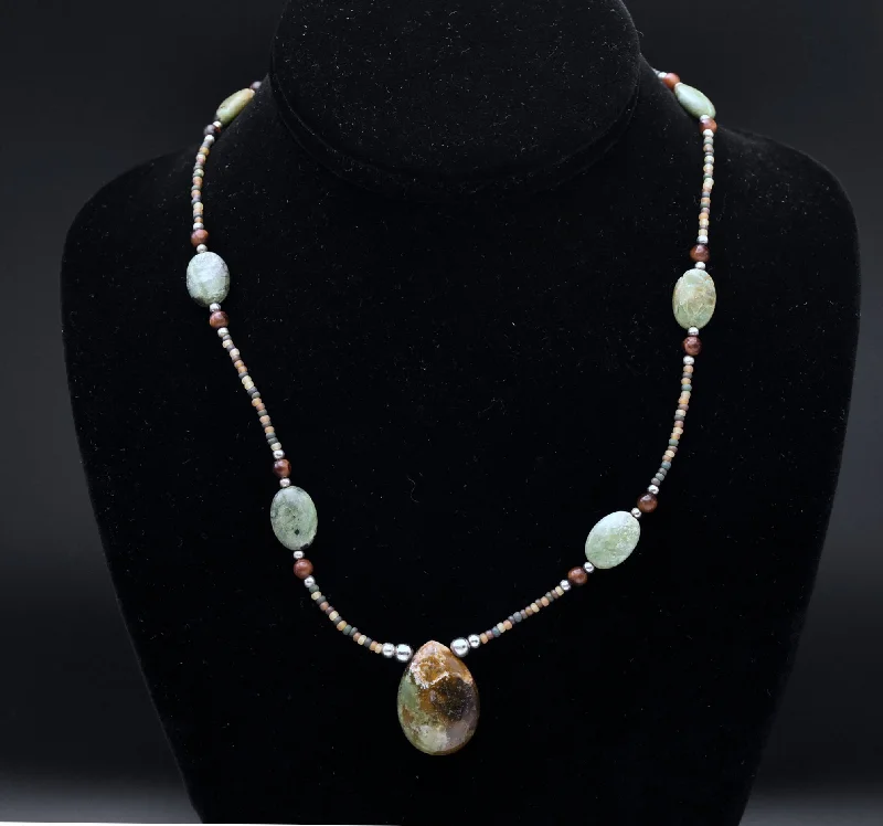 Ladies Necklaces with Striped Agate-Ladies Designer Label Necklaces -Green Jasper and Tiger's Eye Beaded Necklace - 18"