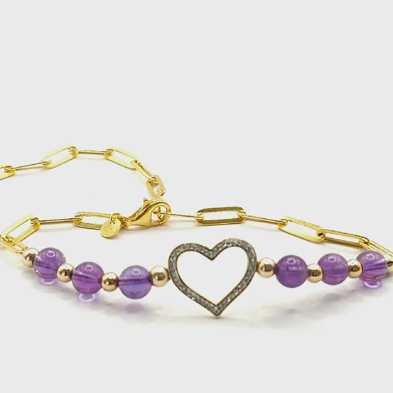 Ladies Bracelets with Lock Spark-Ladies Wedding Day Bracelets -AMETHYST GOLD HEART MINIMALIST BRACELET