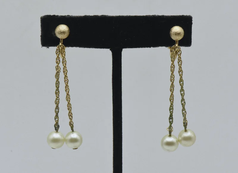 Ladies Zodiac Emblem Earrings -Ladies Earrings with Jade Spark-Napier - Vintage Faux Pearl and Gold Tone Clip On Dangle Earrings