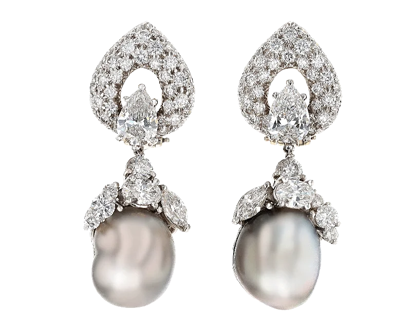 Ladies Calm Zen Earrings -Ladies Earrings with Plum Axinite-Henry Dunay Tahitian Pearl and Diamond Earrings